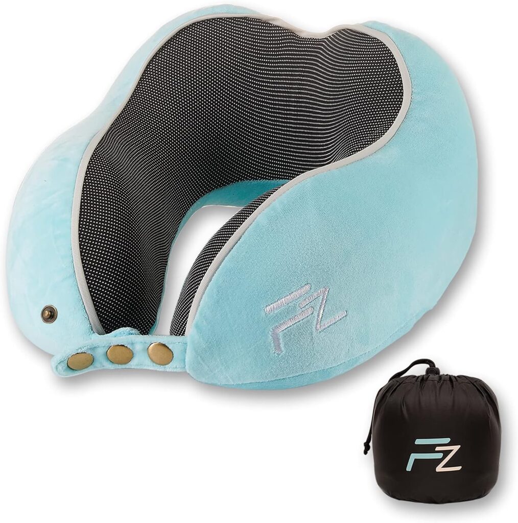 FLOWZOOM® Comfy Kids - Cuscino da viaggio per bambini, cuscino per bambini, cuscino per auto, treno, aereo, supporto per testa per auto, auto, bambino, colore: blu chiaro, piccolo 2 81hnPigF6L. AC SL1500